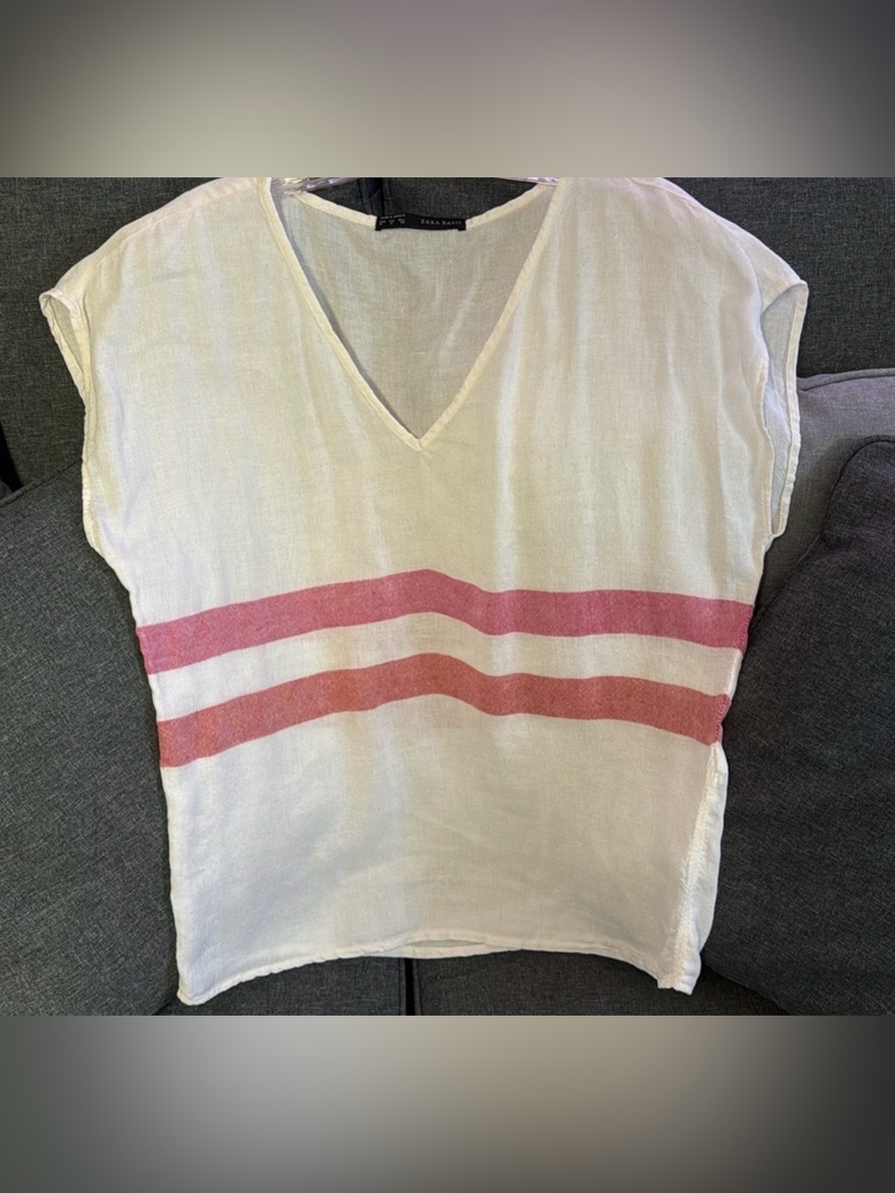 Zara 100% Linen V-Neck Top White, Red Dual Stripe Lightweight Size M